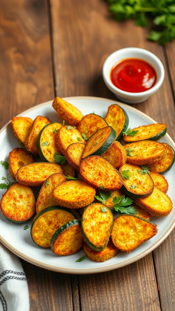 Crispy baked zucchini fries on a plate with marinara sauce, garnished with parsley.